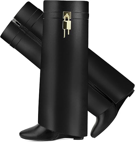 Fold Over Boots for Women Pointy Pull-on Wedge Heel Knee Shark Boot With Side Zipper Padlock Desi... | Amazon (US)