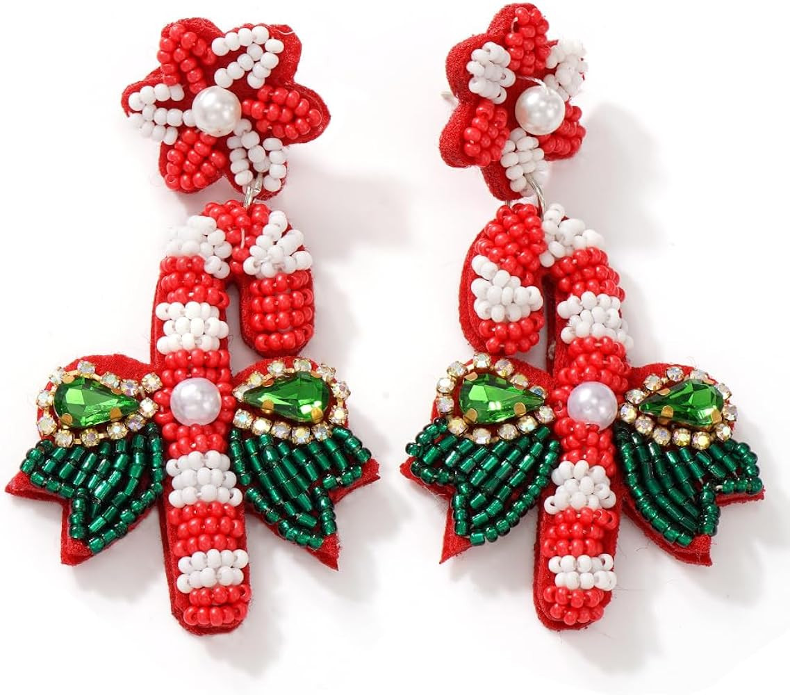 Christmas Earrings for Women Colorful Christmas Tree Candy Cane Beaded Drop Dangle Xmas Earrings ... | Amazon (US)