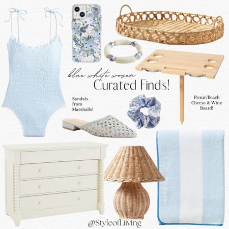 Blue and white finds! One piece swimsuit, beach towels, phone case, scrunchies, bangle bracelets, woven table lamp, pointed toe mule sandals, picnic tray, woven serving tray, dresser bedroom furniture.

#LTKStyleTip #LTKHome #LTKSwim