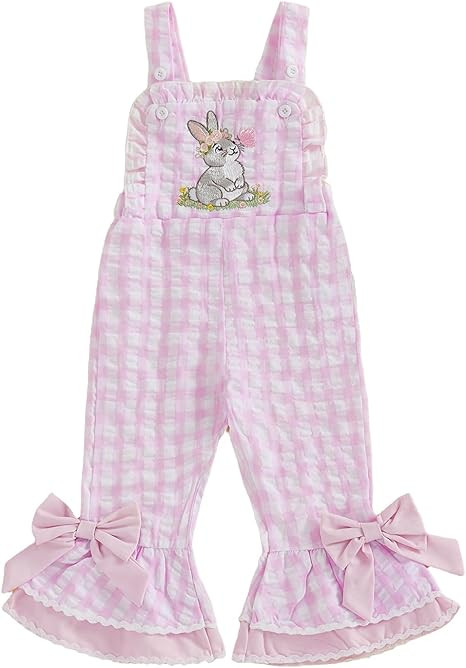 FIOMVA Toddler Baby Girl Easter Outfit Ruffle Romper Jumpsuit Bunny Embroidery Sleeveless Plaid B... | Amazon (US)