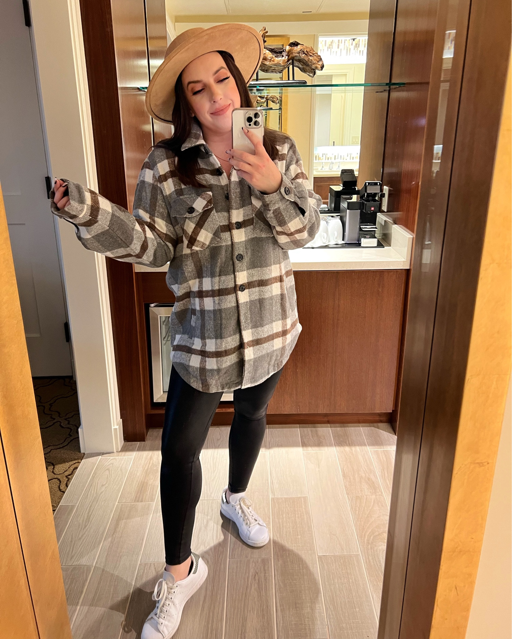 Easy fall outfit: SPANX faux leather leggings, Adidas sneakers, Amazon shacket, Walmart hat 

#LTKSeasonal #LTKstyletip #LTKshoecrush