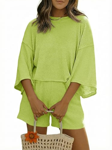 Tankaneo Womens Short Sets 2 Piece Outfits 3/4 Sleeve Tops and Elastic Waist Shorts Lounge Set Ca... | Amazon (US)