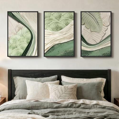 Framed Green Abstract Wall Art Bedroom, 3 Piece Botanical Modern Minimalist Canvas Print Artwork for Walls, Leaf Paintings Pictures for Small Living Room Dining Room Office Wall Art Decor, 16x24 Inch | Amazon (US)