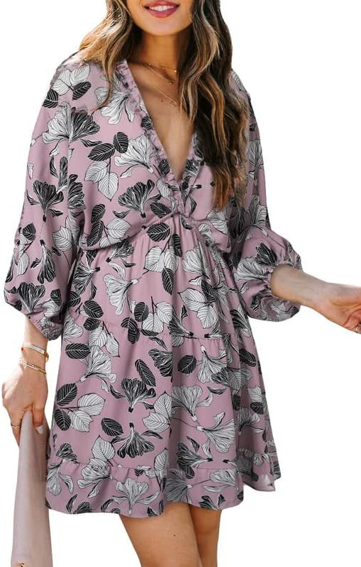 Dokotoo Womens 2023 Spring V Neck Ruffle Chiffon Elegant Mini Short Swing Skater Dresses | Amazon (US)