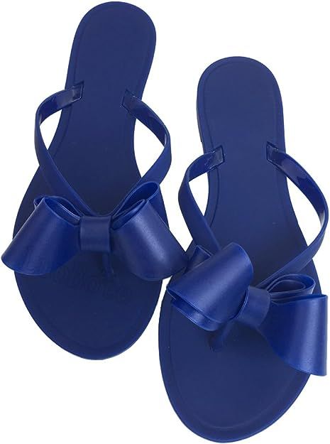 Mtzyoa Women Flip-Flops Flat Sandals Jelly Bow Beach Flat Rivets Rain Cute Dressy Summer Sandals | Amazon (US)