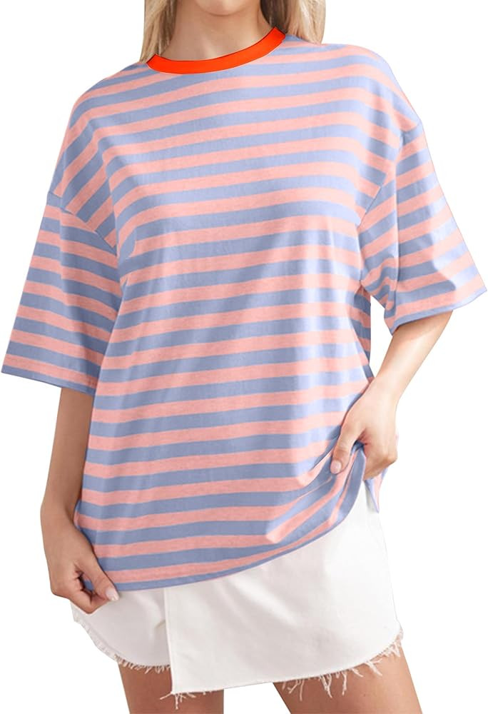 Women Striped Oversized T-Shirts Short Sleeve Crew Neck Summer Tee Shirt Casual Loose Tee Tops | Amazon (US)