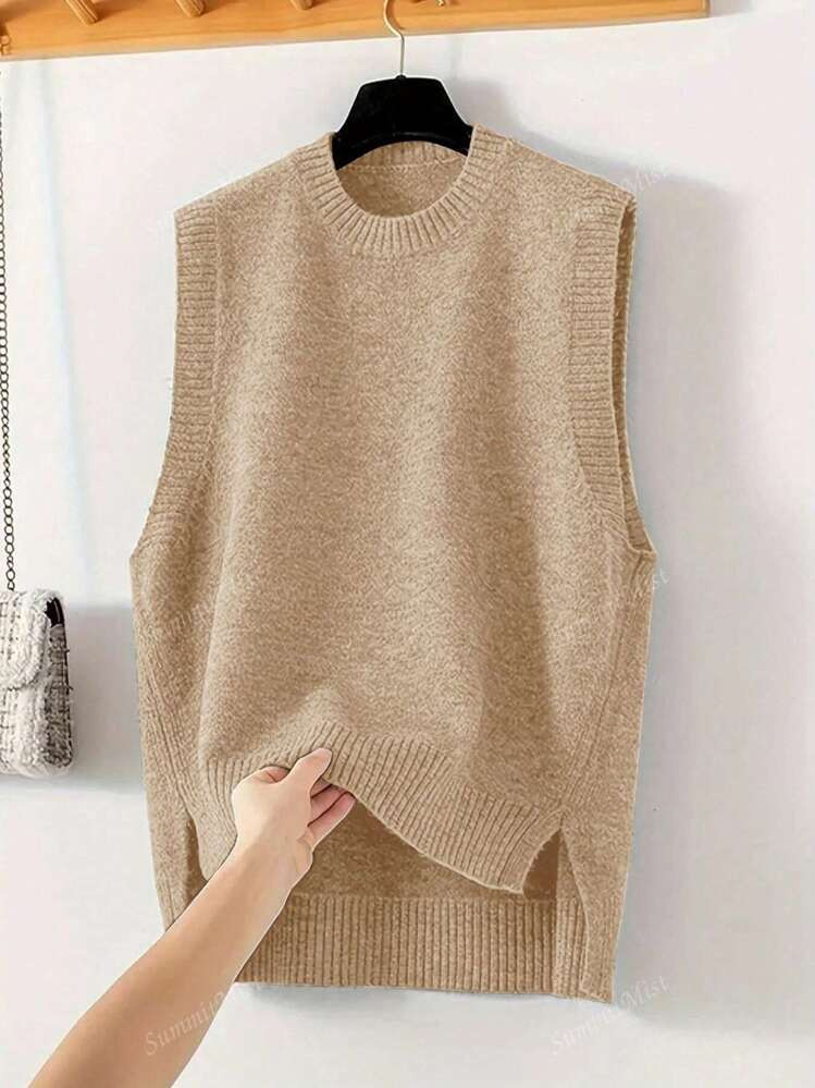 Women's Textile Knit Vest - Sleeveless, Crew Neck, Side Vents, Casual Fashion Jacket - Solid Colo... | SHEIN