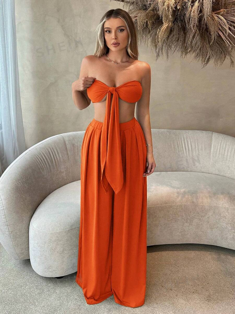 SHEIN SXY Women'S Front Knot Strapless Top And Pants Two Piece Set  Spring Summer Women Clothes B... | SHEIN