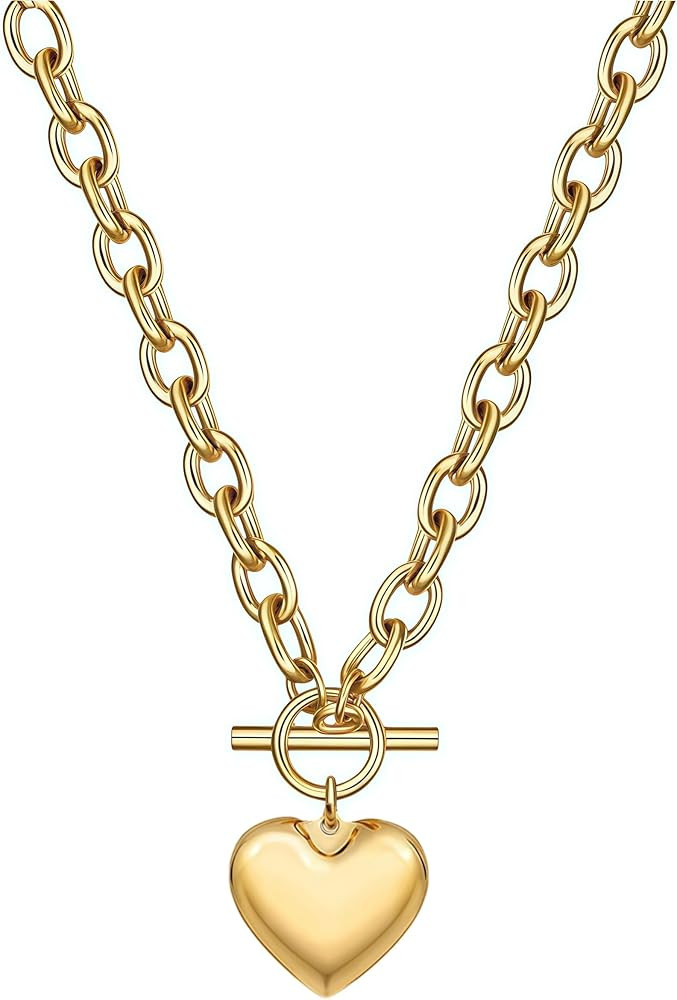 Chunky Paperclip Chain Heart Necklace for Women, Puffy Gold Heart Pendant Necklaces Gifts On Birt... | Amazon (US)