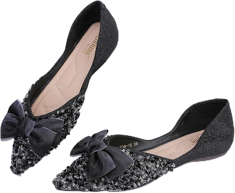 Women's Pointed Rhinestone Flat Shoes Glitter Flowers Wedding Comfortable Dress Shoes | Amazon (US)