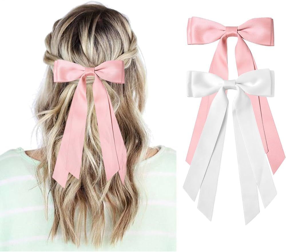 Pink and White Hair Bows for Women - 2Pcs Silkly Satin Hair Ribbon Bow with Metal Clips Hair Acce... | Amazon (US)