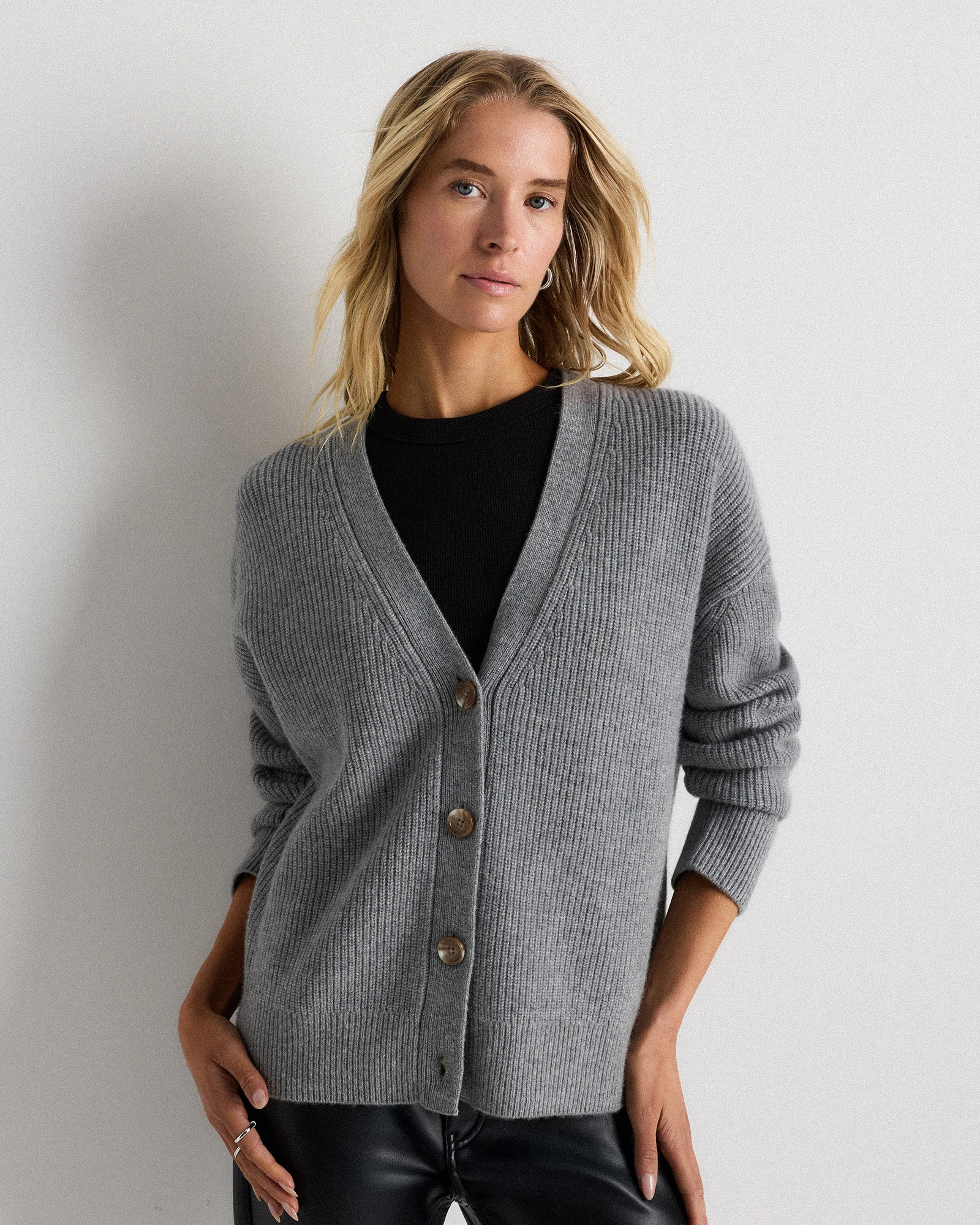 Mongolian Cashmere Fisherman Cropped Boxy Cardigan Sweater in Heather Grey | Quince