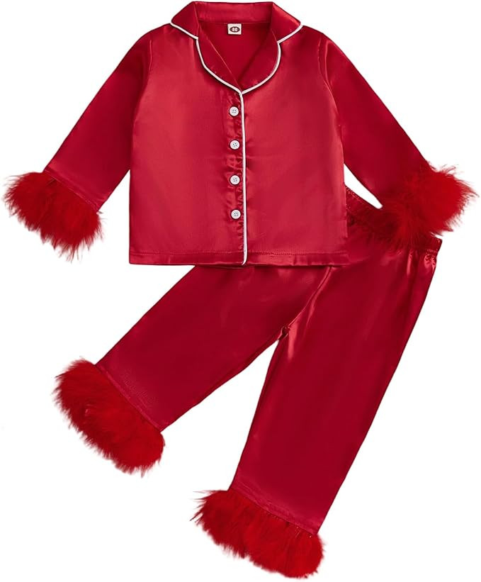 Toddler Girl Silk Pajamas Baby Lapel Button Down Ruffle Satin Silk Pjs Sleepwear Loungwear Clothe... | Amazon (US)