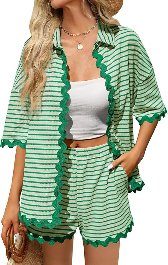Tankaneo Womens 2 Piece Lounge Set Striped Outfits Short Sleeve Button Down Shirts and Shorts Sum... | Amazon (US)