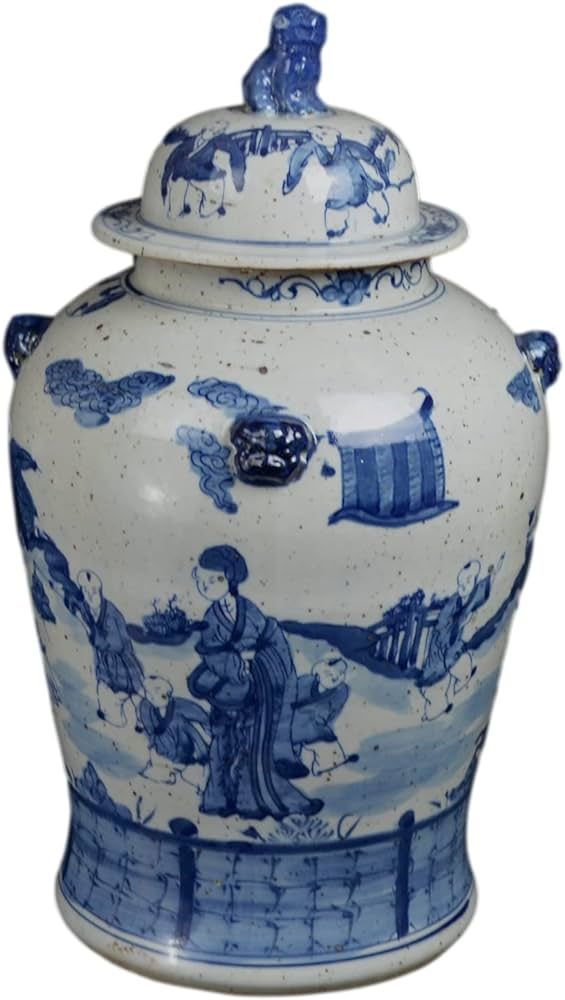 19" Antique Like Finish Blue and White Porcelain Children Play Temple Ceramic Ginger Jar Vase, Ch... | Amazon (US)