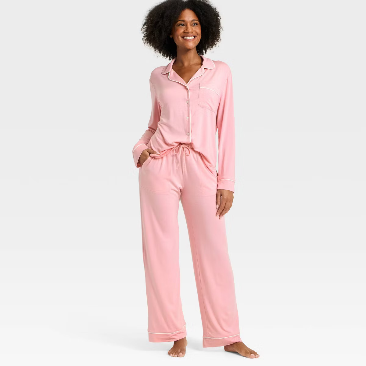 Women's Cloud Knit Modal Long Sleeve Notch Collar Top and Pants Pajama Set - Auden™ | Target