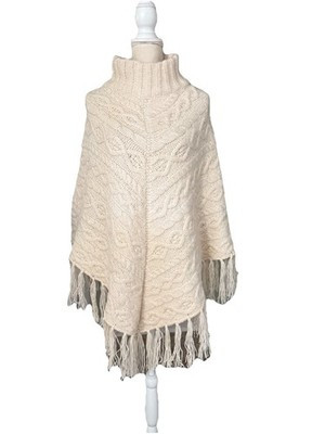 Time & Tru Cable Knit Poncho W/Fringe Hem One Size Ivory | eBay US