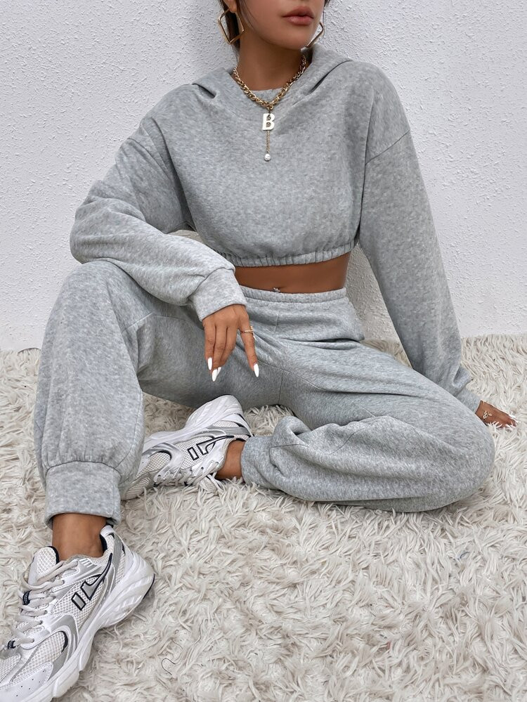 Drop Shoulder Crop Hoodie & Sweatpants | SHEIN