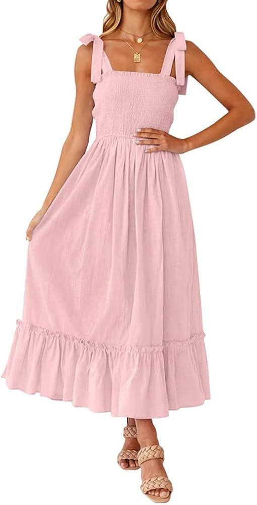 Tobrief Womene's Bohemian Strap Dress,Square Neck Smocked Ruffle Beach Party Maxi Dress Pink M at... | Amazon (US)
