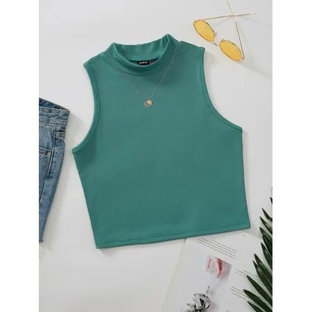 Green Women s Mock Neck Rib knit Tank Top Casual XS(2) F043D | Walmart (US)