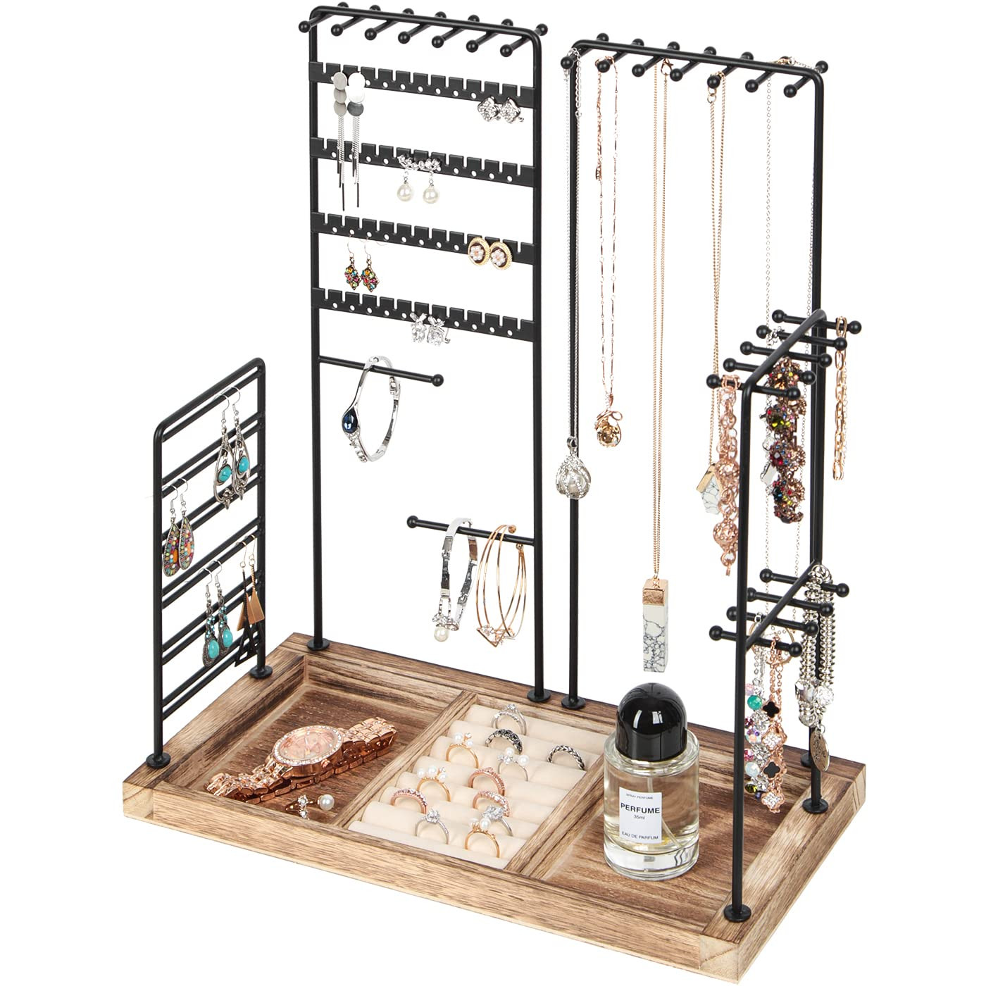 J JACKCUBE DESIGN Jewelry Organizer Stand Tree, 4 Tier Metal Accessory Earring, Necklaces, Bracelets, Ear Stud Holder Tower Rack with Wooden Display Tray Base for Rings- MK915A | Amazon (US)