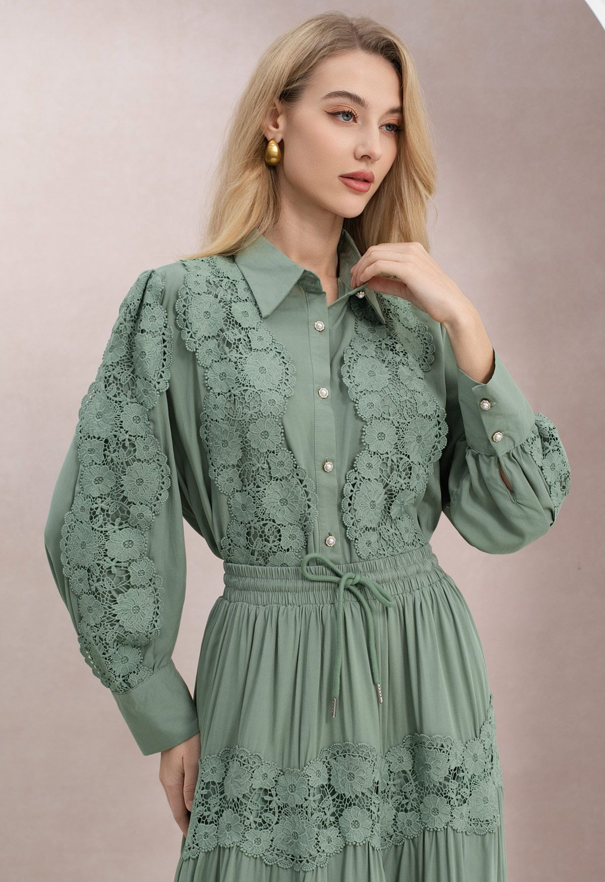 Floral Cutwork Lace Panel Buttoned Shirt and Maxi Skirt Set in Olive Green for Formal Dinners & W... | Chicwish