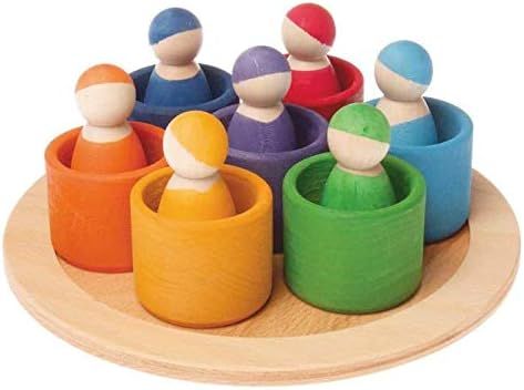 MODERNGENIC Rainbow '7 Friends' Set of Wooden Sorting & Matching Rainbow Peg Dolls with Round Tray | Amazon (US)