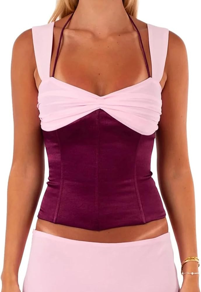 Women Square Neck Croset Tank Tops Sleeveless Lace Up Back Patchwork Going Out Tops Camisole Y2k ... | Amazon (US)