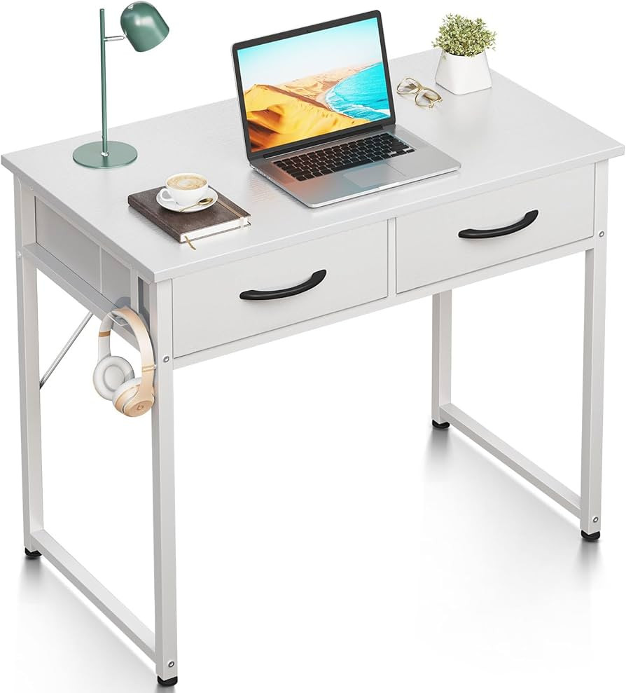 ODK Small Desk with Fabric Drawers- for Bedroom, White Vanity Desk with Storage, Home Office Comp... | Amazon (US)