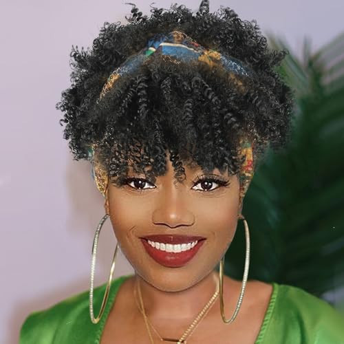LEOSA Kinky Curly Headband Wig with Bangs for Women Afro Black Headband Wig Synthetic Kinky Curly Wig with Headband Attached Kinky Wig Short Afro Headband Wig | Amazon (US)