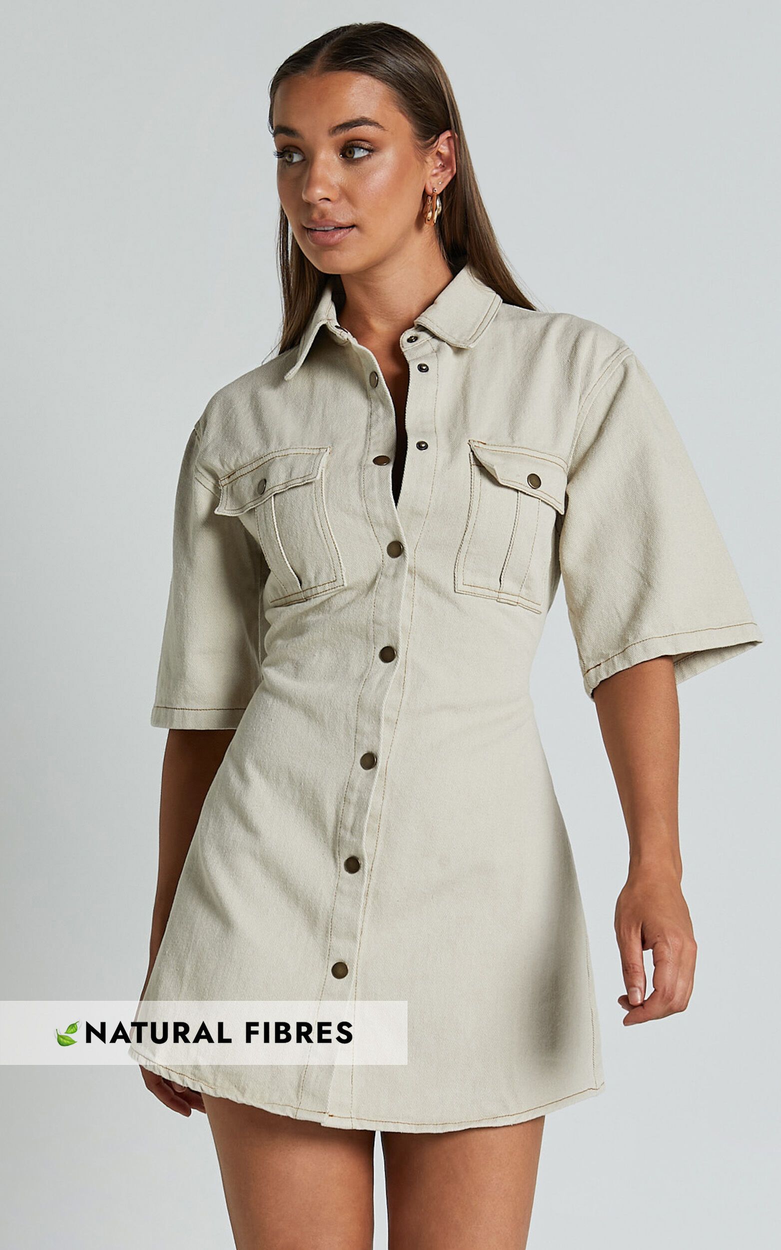 Leilani Mini Dress - Denim Short Sleeve Button Up Dress in Natural | Showpo (ANZ)