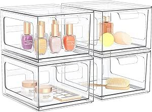 4 Pack Stackable Plastic Makeup Organizer Drawers, Acrylic Organizers, Clear Storage Bins with Pu... | Amazon (US)