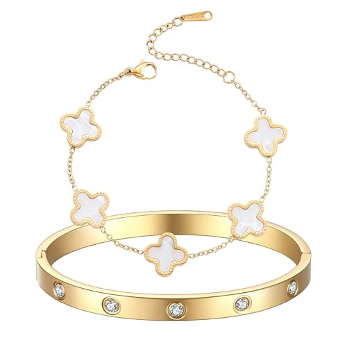 TICVRSS 18K Gold Plated Clover Bracelet Love bangle Set for Women Stackable Cute Fashion Simple Friendship Bracelets Lucky Bracelet Jewelry Trendy Gifts for Women (6.3in(white+gold)) | Amazon (US)