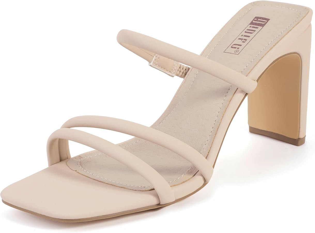 IDIFU IN3 High Heels Strappy Chunky Block Heels Square Toe Three Strap Slip On Heels Comfortable ... | Amazon (US)