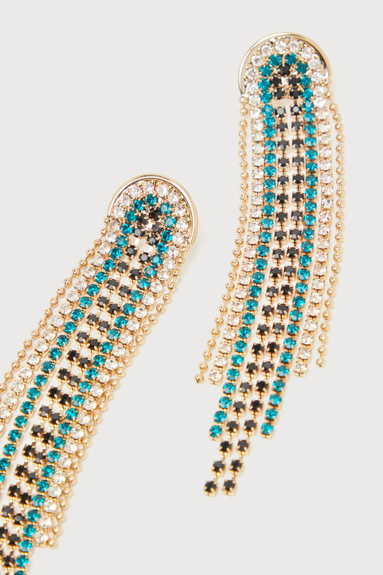 Iconic Glam Gold and Teal Multi Rhinestone Fringe Earrings | Lulus (US)