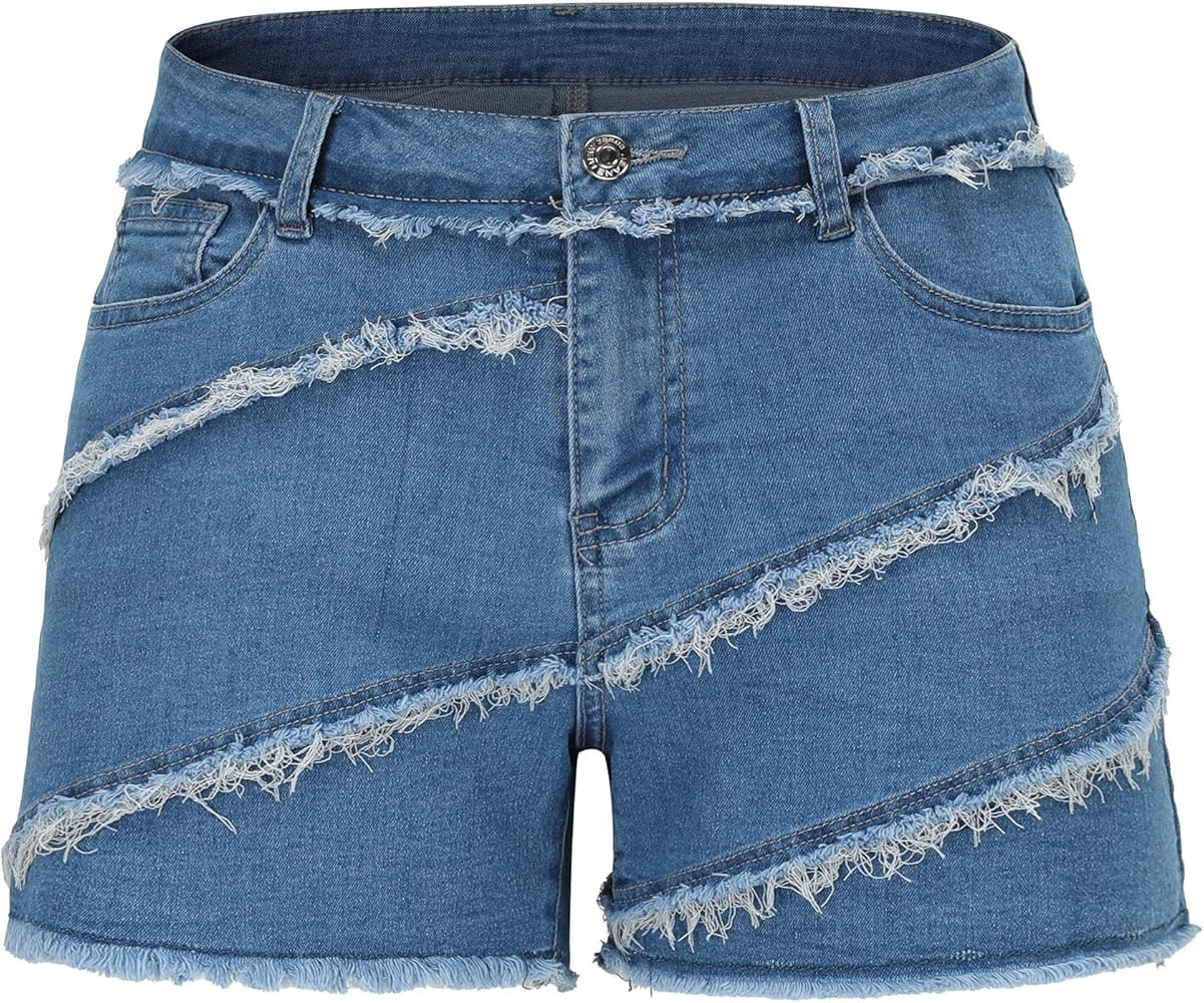 THUNDER STAR Women Mid Rise Ripped Stretchy Jeans Shorts Frayed Raw Hem Casual Denim Shorts | Amazon (US)