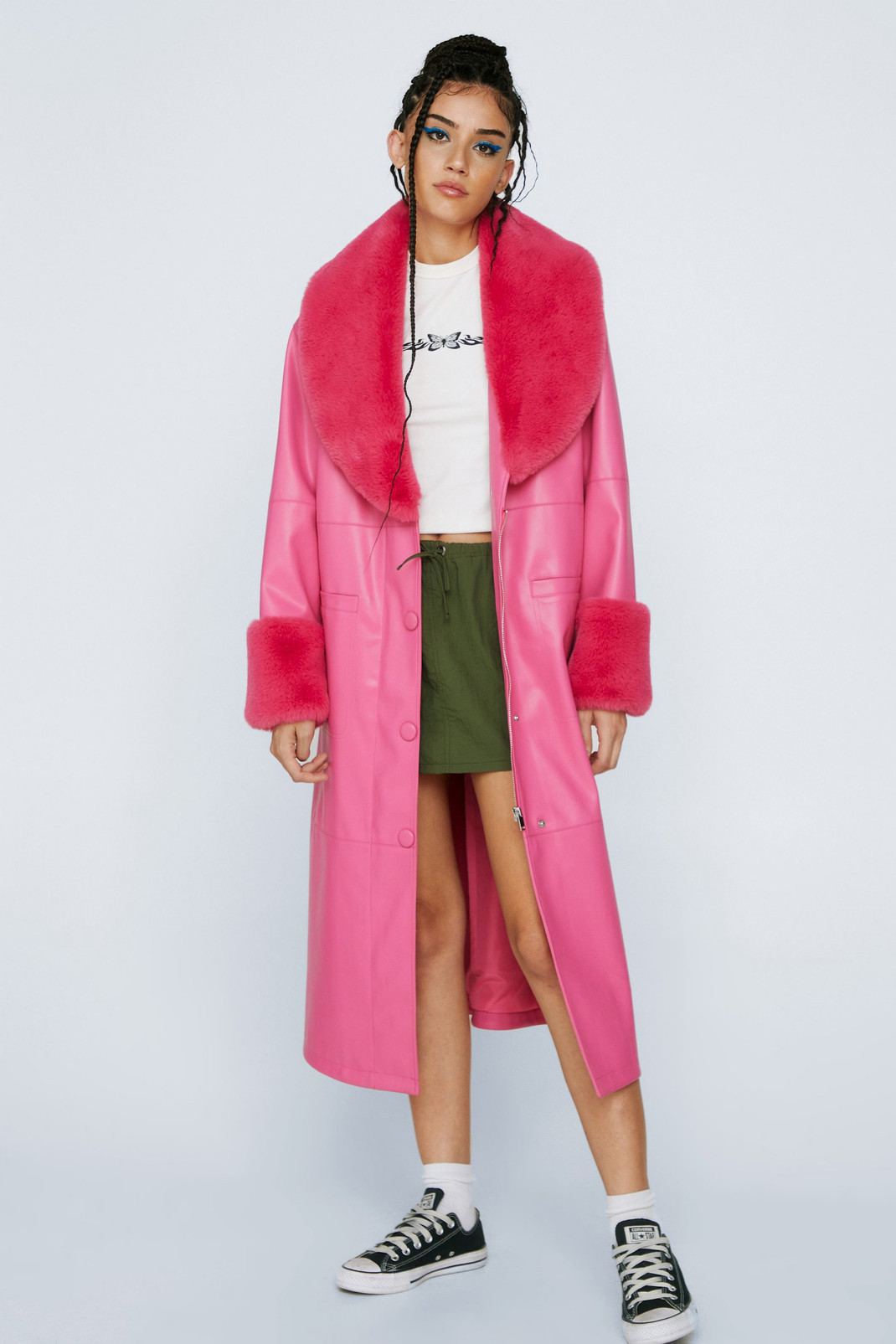 Faux Fur Trim Longline Faux Leather Coat | Nasty Gal (US)