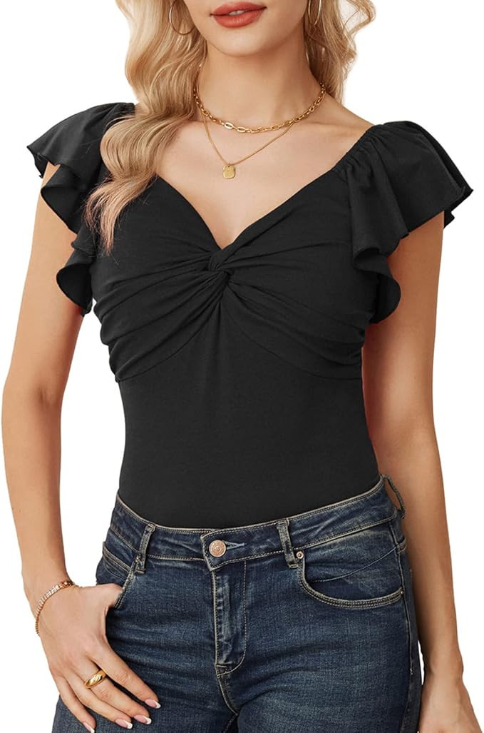 GRACE KARIN Women Ruffle Short Sleeve V Neck Blouse Twist Front Tunic T-Shirt 2023 Casual Peplum ... | Amazon (US)