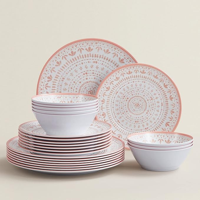 24PCS Bohemia Pink Melamine Dinnerware Sets for 8,Outdoor Plates and Bowls Sets for 8 (Pink) | Amazon (US)