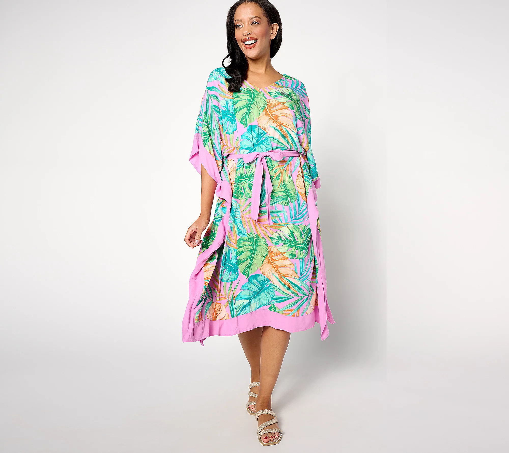 Denim & Co. Beach Woven Crepe Resort Caftan with Side Slits | QVC