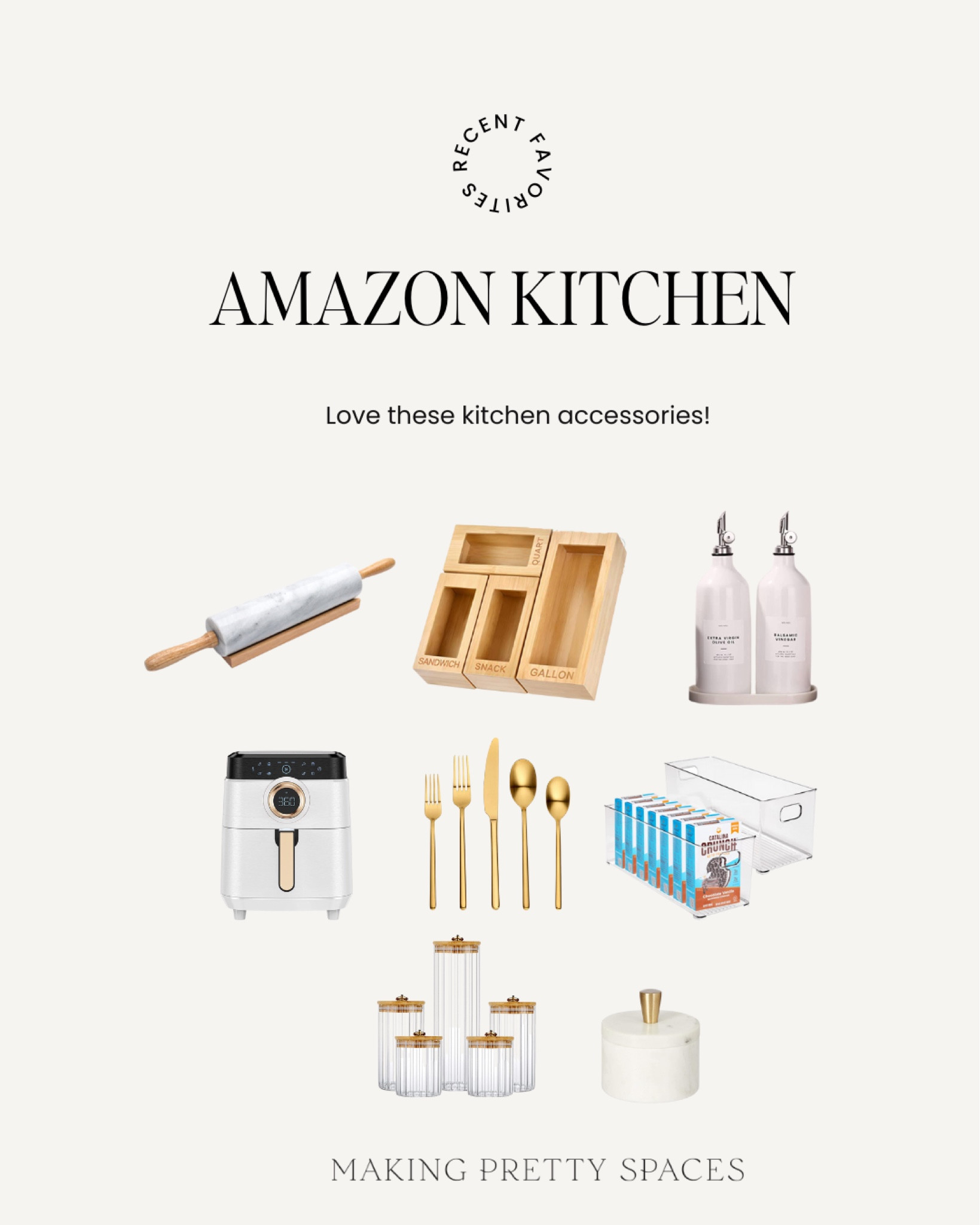 Amazon kitchen accessories!
Amazon, gold, white, marble, air fryer, organizer, jars, rolling pin

#LTKstyletip #LTKhome #LTKsalealert