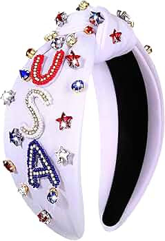 NVENF 4th of July Headbands, American Flag Star Headband Pearl Crystal Rhinestone Knotted Headban... | Amazon (US)