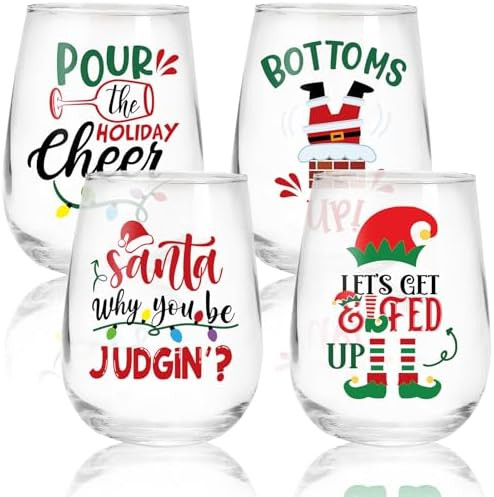 Whaline 4Pcs Christmas Stemless Wine Glasses 17oz Funny Xmas Lights Elf Santa Drinking Glasses Ho... | Amazon (US)