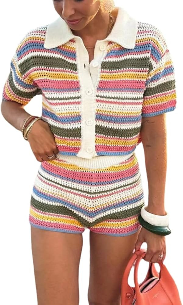 NIFTRIRY Womens 2 Piece Lounge Set Beach Cover Up Stripe Button Down Shirt with Shorts Summer Out... | Amazon (US)