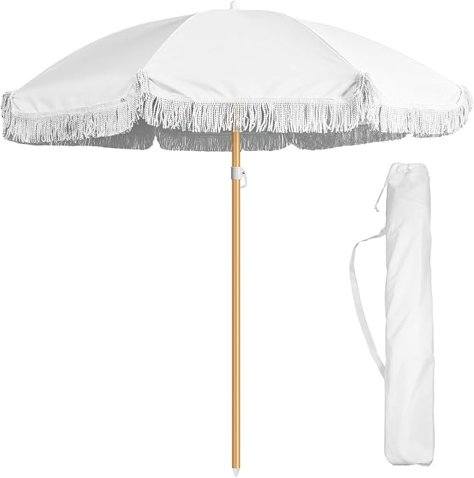 6 Ft Outdoor Beach Patio Umbrella with Fringe, Steel Pole, Steel Ribs and Carry Bag Elegant Table... | Amazon (US)