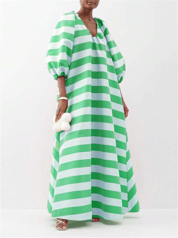 Romantic Striped Maxi Dress For Women - Plunging V-Neck With Three-Quarter Bell Sleeves, Loose Fit Beach Dress For Valentine's Dates/Birthday Vacations (Breathable Rayon Blend) | SHEIN