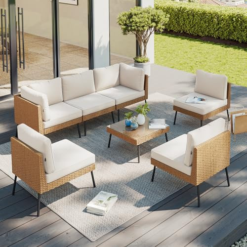 Aoxun Patio Furniture Set, 7 Piece Outdoor Sectional Sofas with Thick Cushion, Wicker Outdoor Patio Furniture Set with Coffee Table for Party, Garden, Backyard, Beige | Amazon (US)