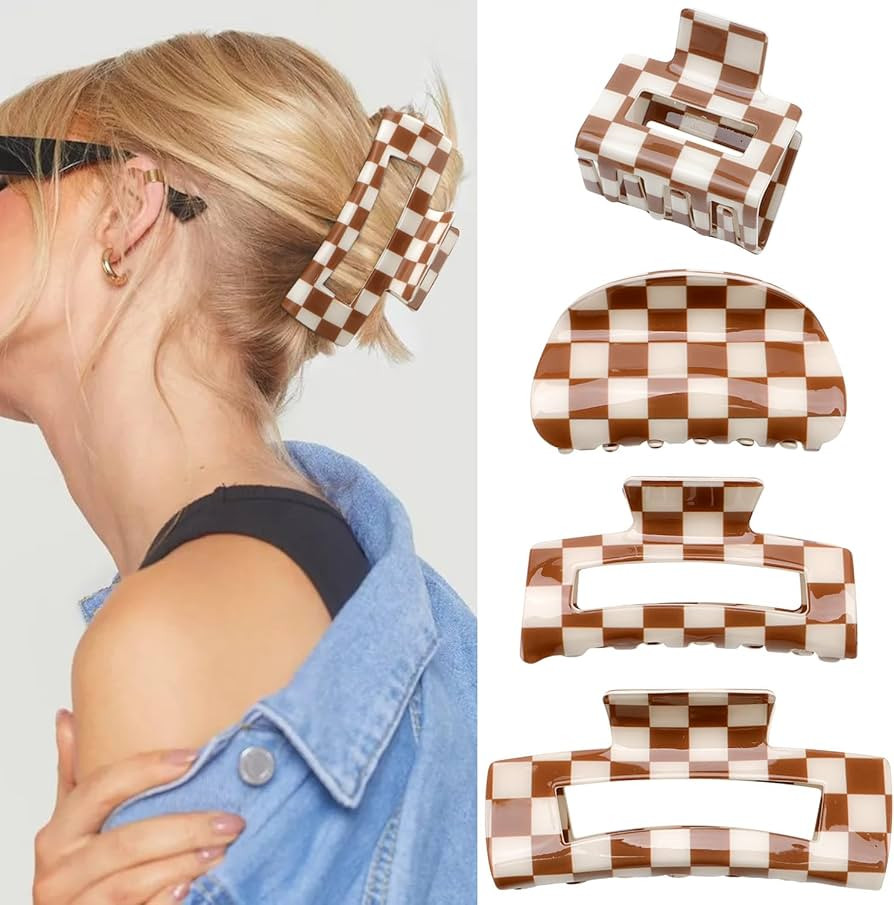 Checkered Hair Claw Clips for Women 4Pcs Brown Checkered Claw Clip Large Small Hair Clips Rectang... | Amazon (US)