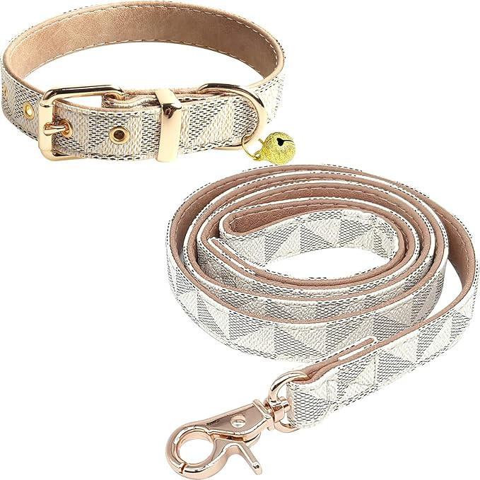 Dog Leather Collar and 4 ft Leash, KUDES Adjustable Basic Collar with Bell Checkered Pattern Dura... | Amazon (US)