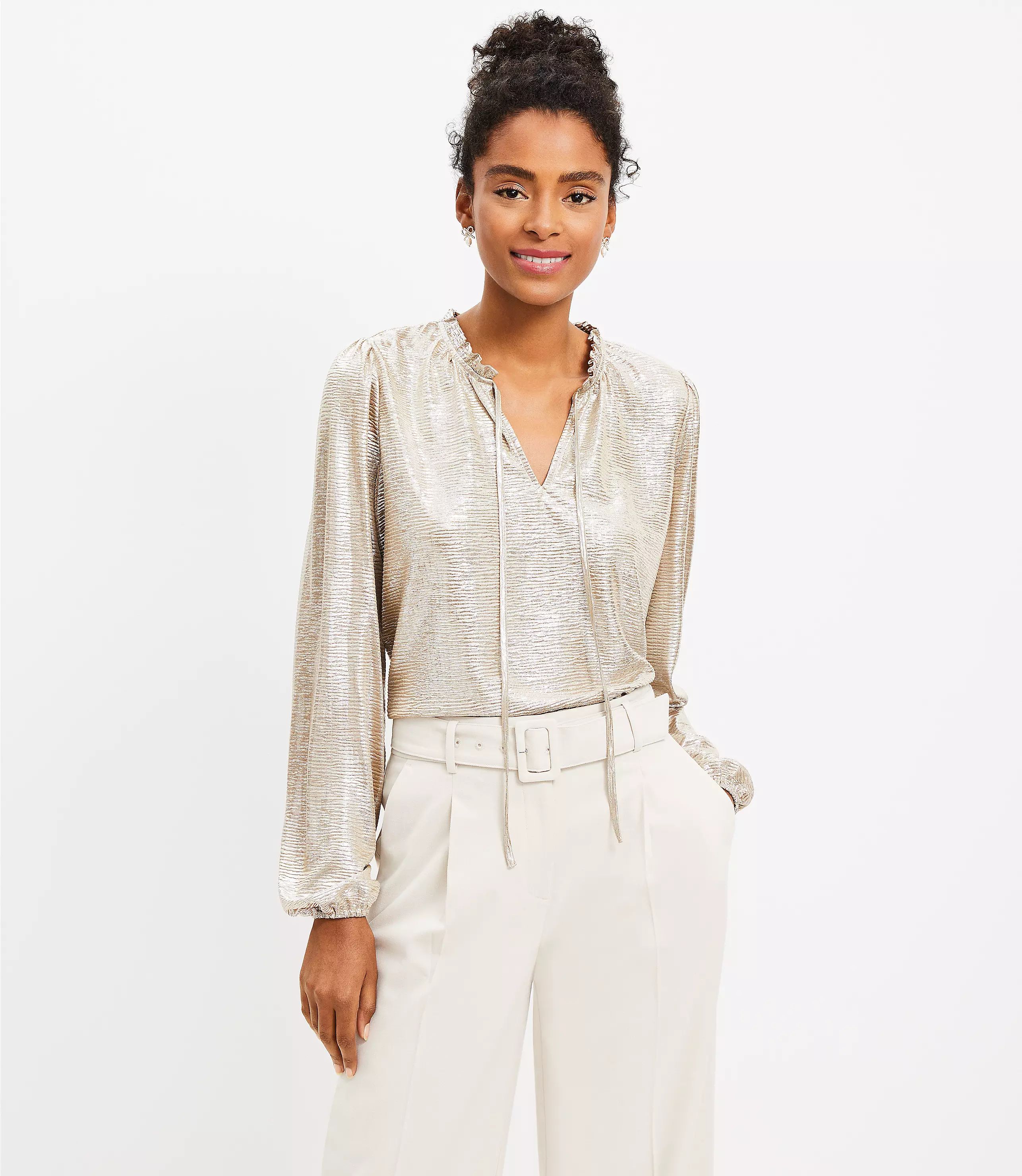 Shimmer Crinkle Ruffle Tie Neck Top | LOFT